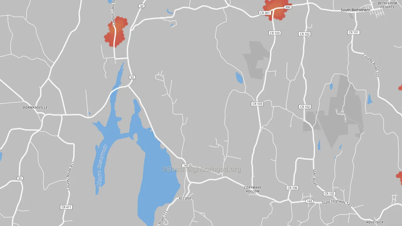 Walk Grade map of Coeymans Hollow, NY, walkable areas in green and car-dependent areas in red