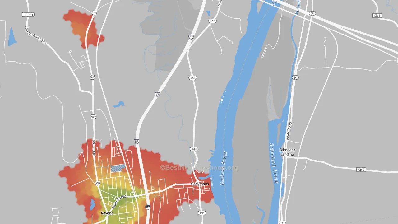 Walk Grade map of Coeymans, NY, walkable areas in green and car-dependent areas in red