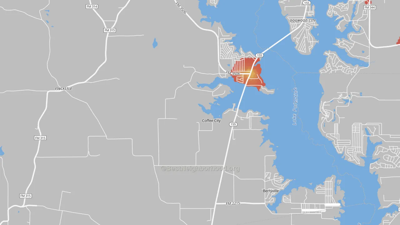 Walk Grade map of Coffee City, TX, walkable areas in green and car-dependent areas in red