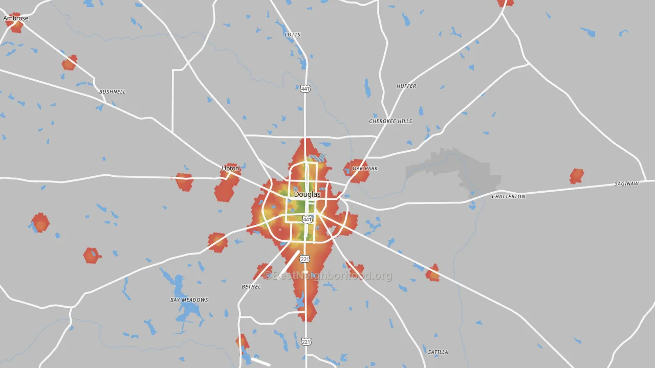Walk Grade map of Coffee County, GA, walkable areas in green and car-dependent areas in red