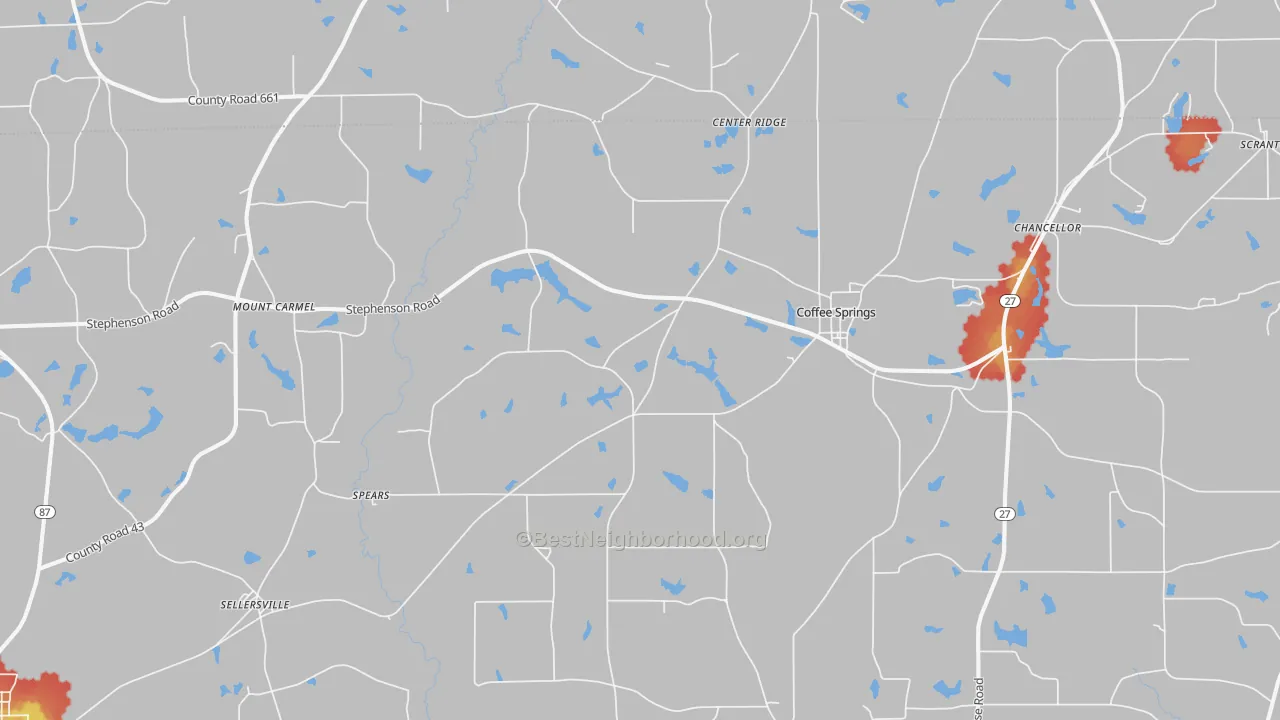 Walk Grade map of Coffee Springs, AL, walkable areas in green and car-dependent areas in red