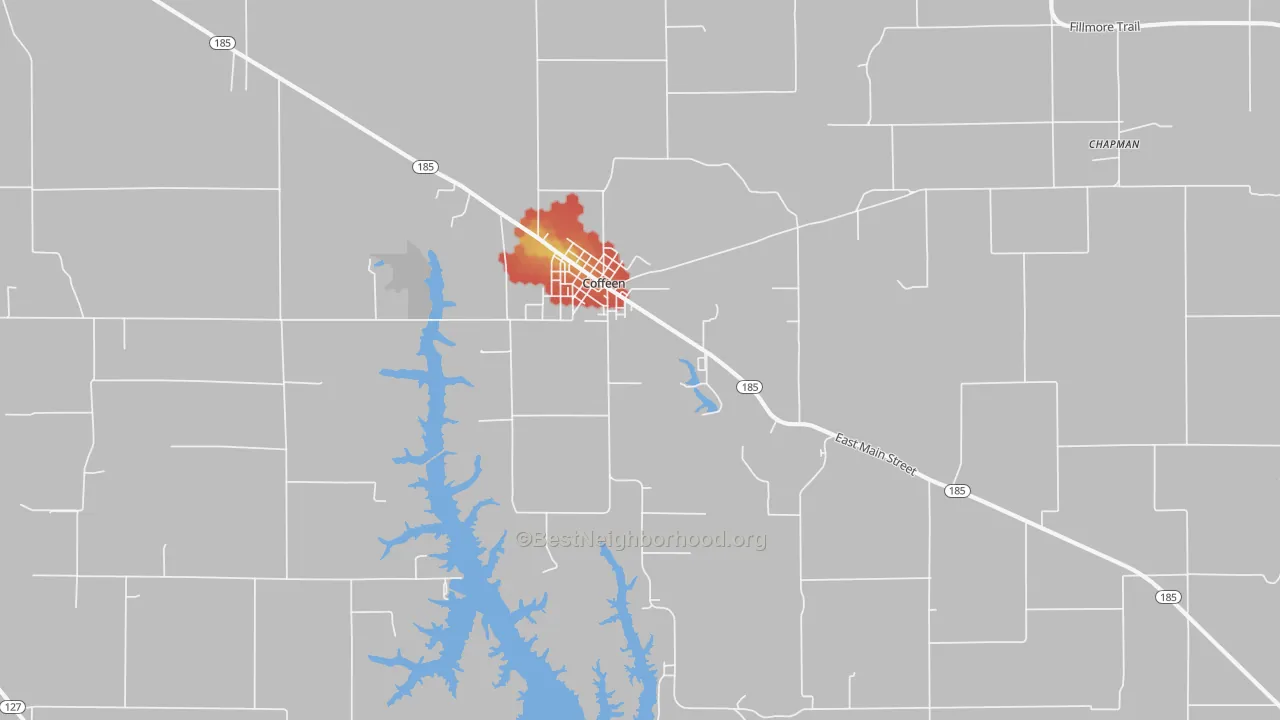 Walk Grade map of Coffeen, IL, walkable areas in green and car-dependent areas in red
