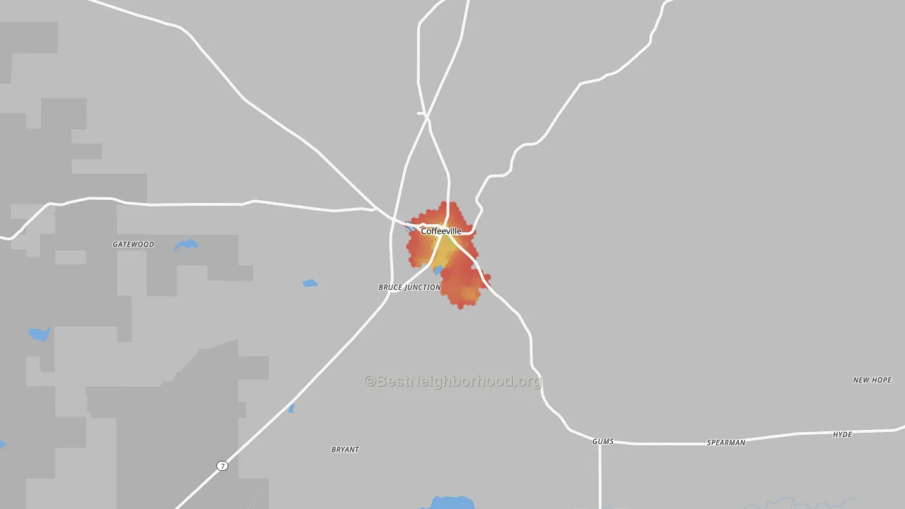Walk Grade map of Coffeeville, MS, walkable areas in green and car-dependent areas in red