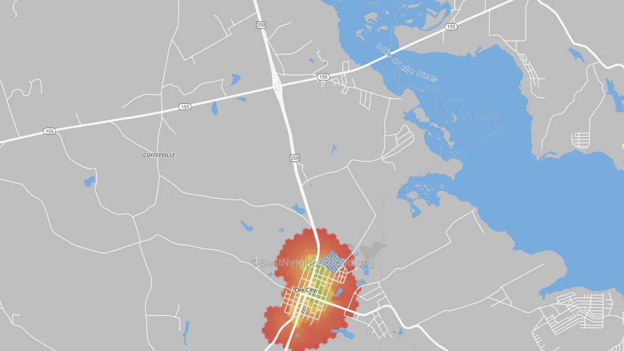 Walk Grade map of Coffeeville, TX, walkable areas in green and car-dependent areas in red