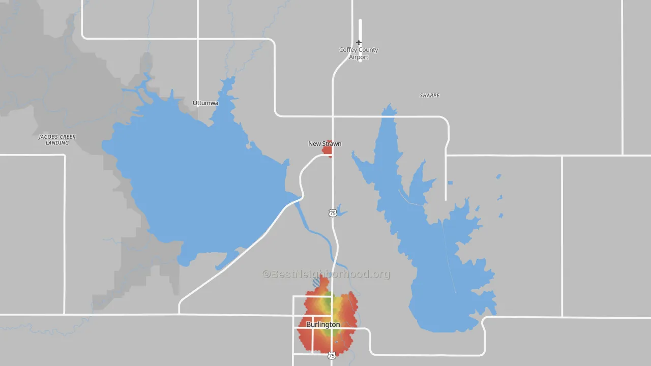 Walk Grade map of Coffey County, KS, walkable areas in green and car-dependent areas in red