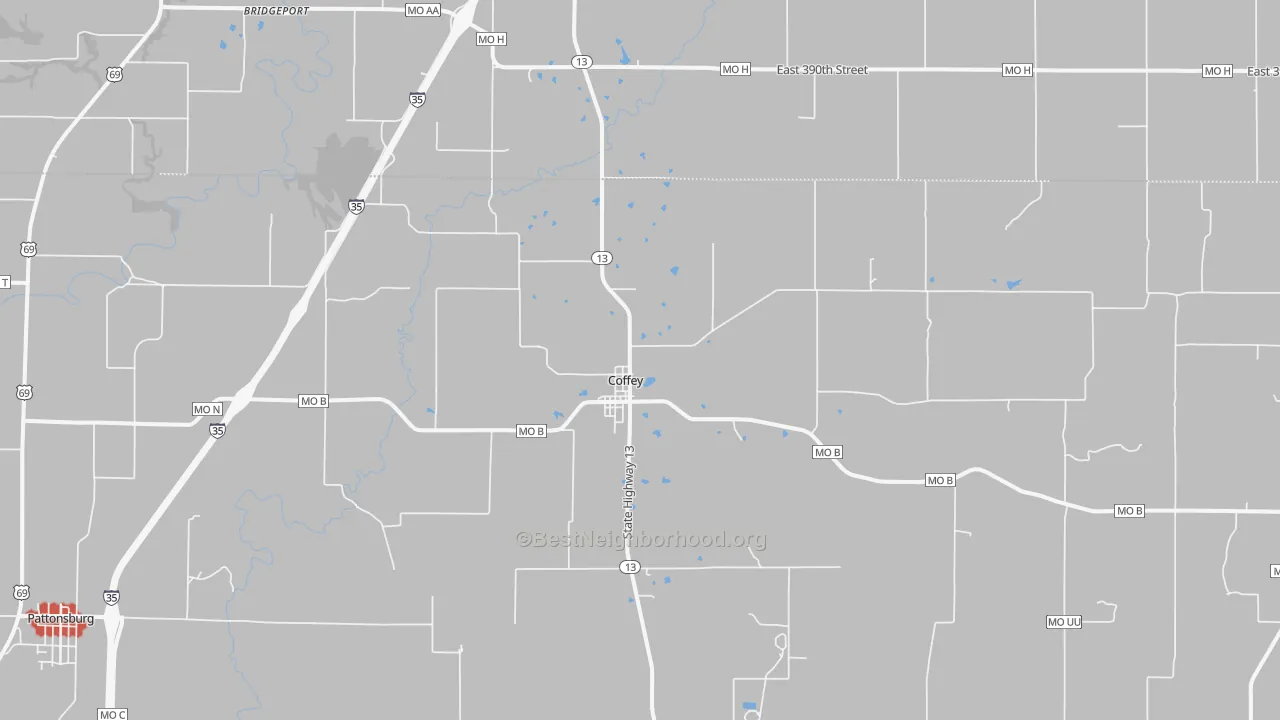 Walk Grade map of Coffey, MO, walkable areas in green and car-dependent areas in red