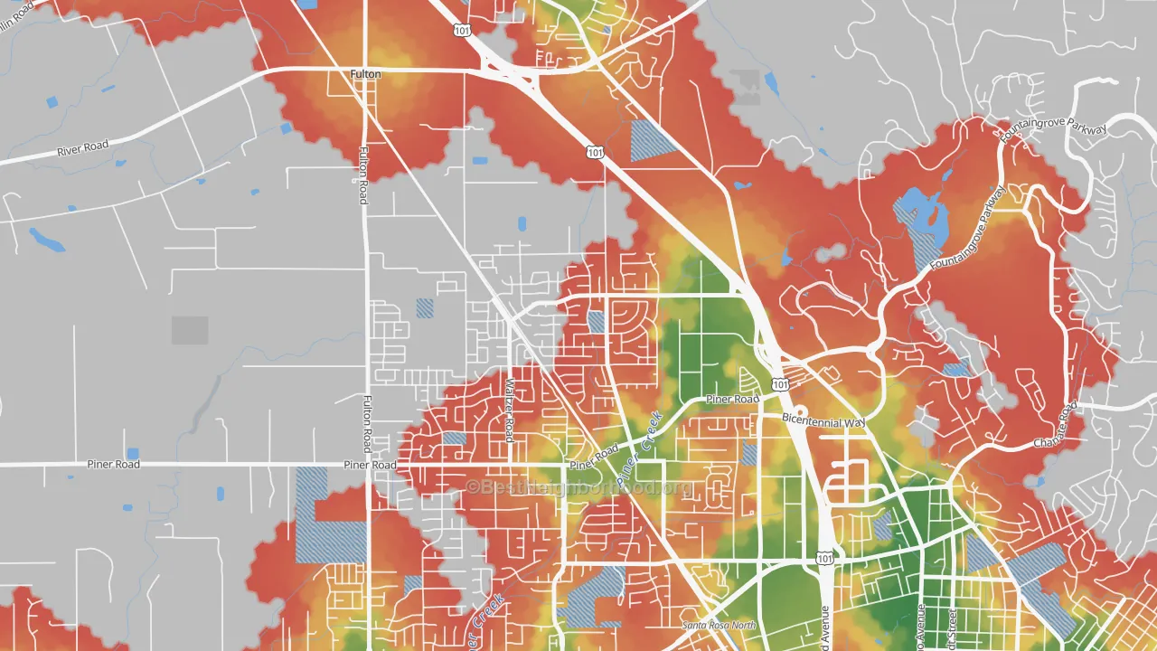 Walk Grade map of Coffey Park, Santa Rosa, CA, walkable areas in green and car-dependent areas in red