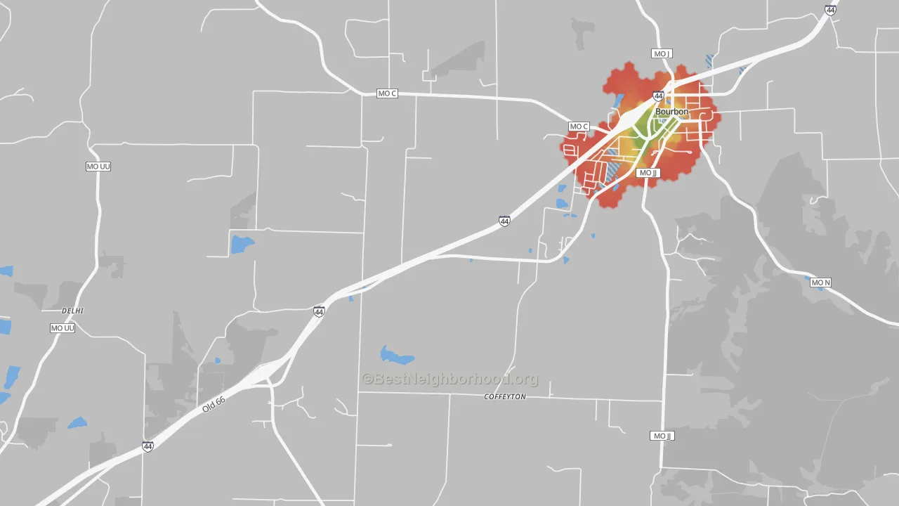 Walk Grade map of Coffeyton, MO, walkable areas in green and car-dependent areas in red