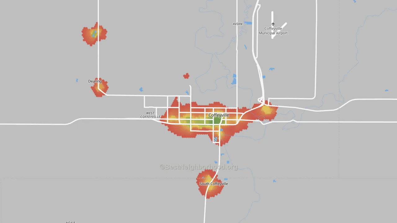 Walk Grade map of Coffeyville, KS, walkable areas in green and car-dependent areas in red