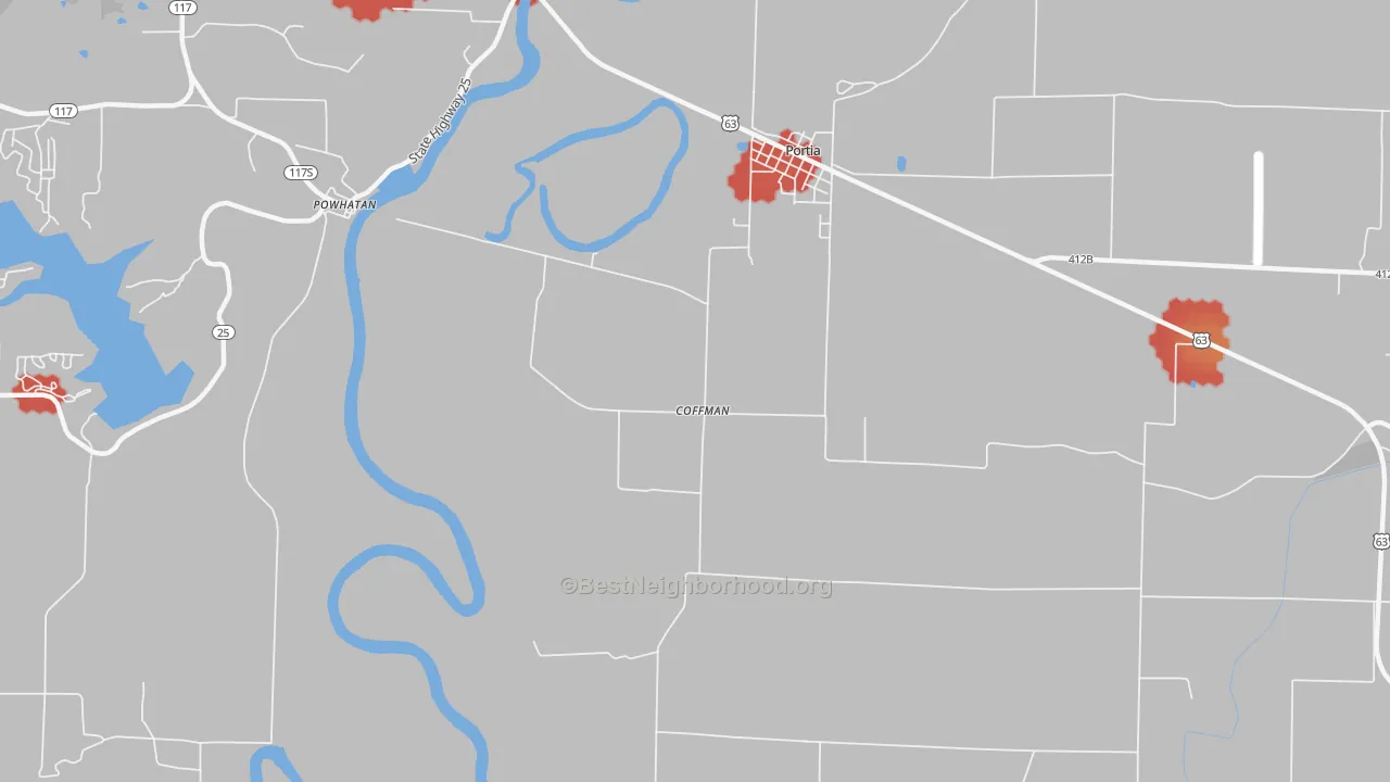 Walk Grade map of Coffman, AR, walkable areas in green and car-dependent areas in red