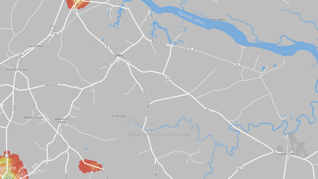 Walk Grade map of Cofield, NC, walkable areas in green and car-dependent areas in red