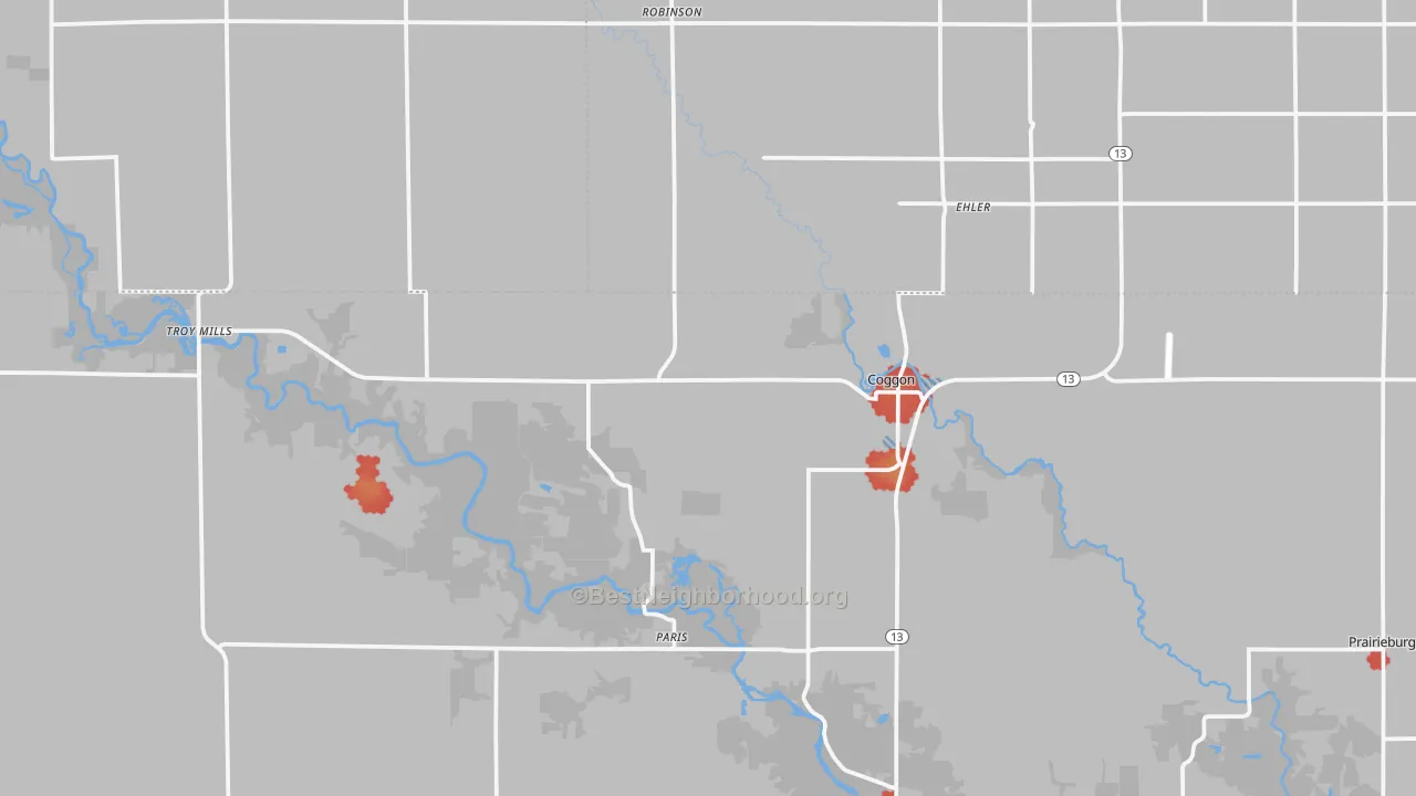 Walk Grade map of Coggon, IA, walkable areas in green and car-dependent areas in red