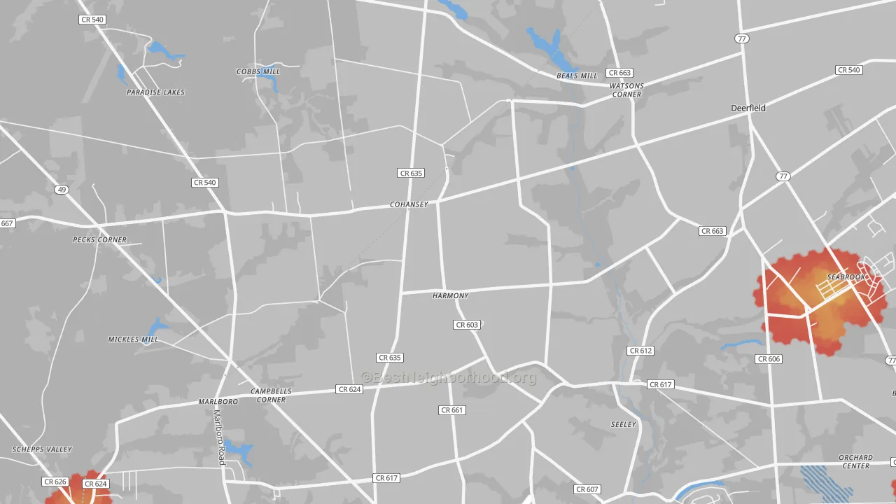 Walk Grade map of Cohansey, NJ, walkable areas in green and car-dependent areas in red