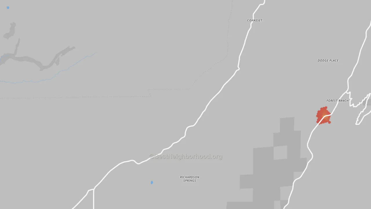 Walk Grade map of Cohasset, CA, walkable areas in green and car-dependent areas in red