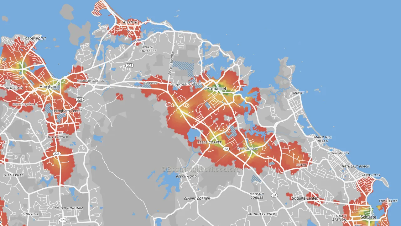 Walk Grade map of Cohasset, MA, walkable areas in green and car-dependent areas in red