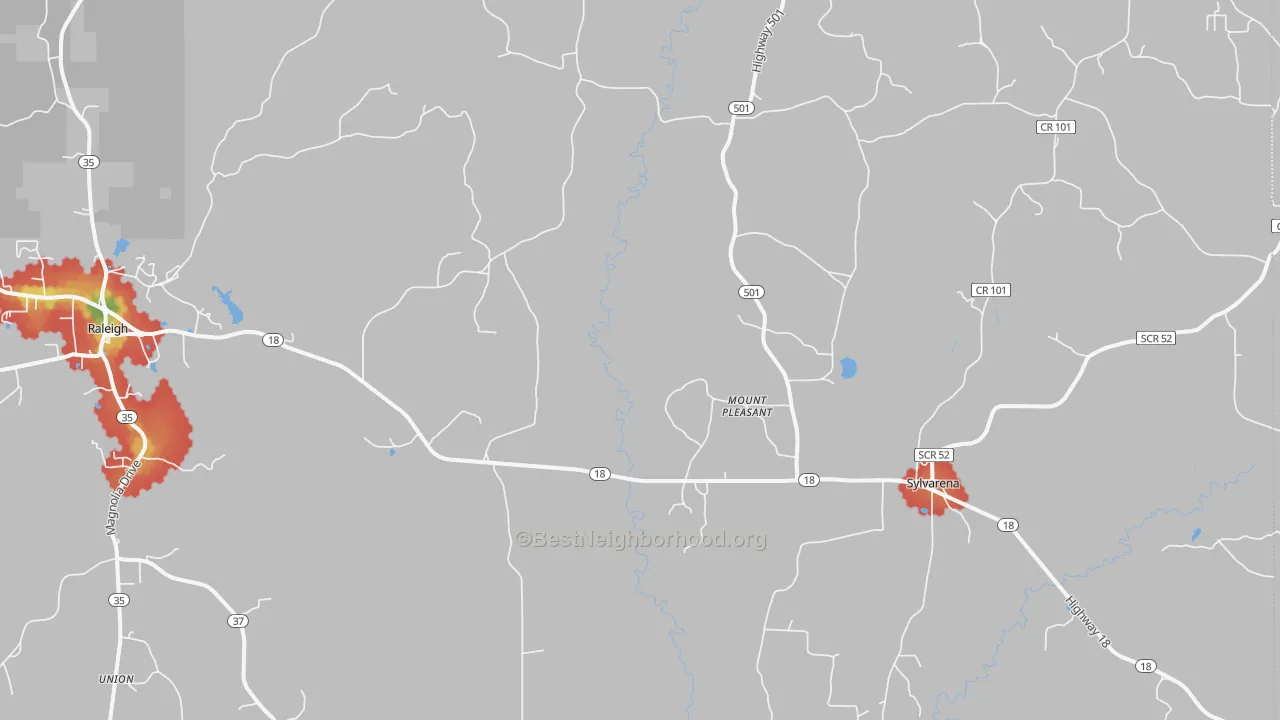 Walk Grade map of Cohay, MS, walkable areas in green and car-dependent areas in red