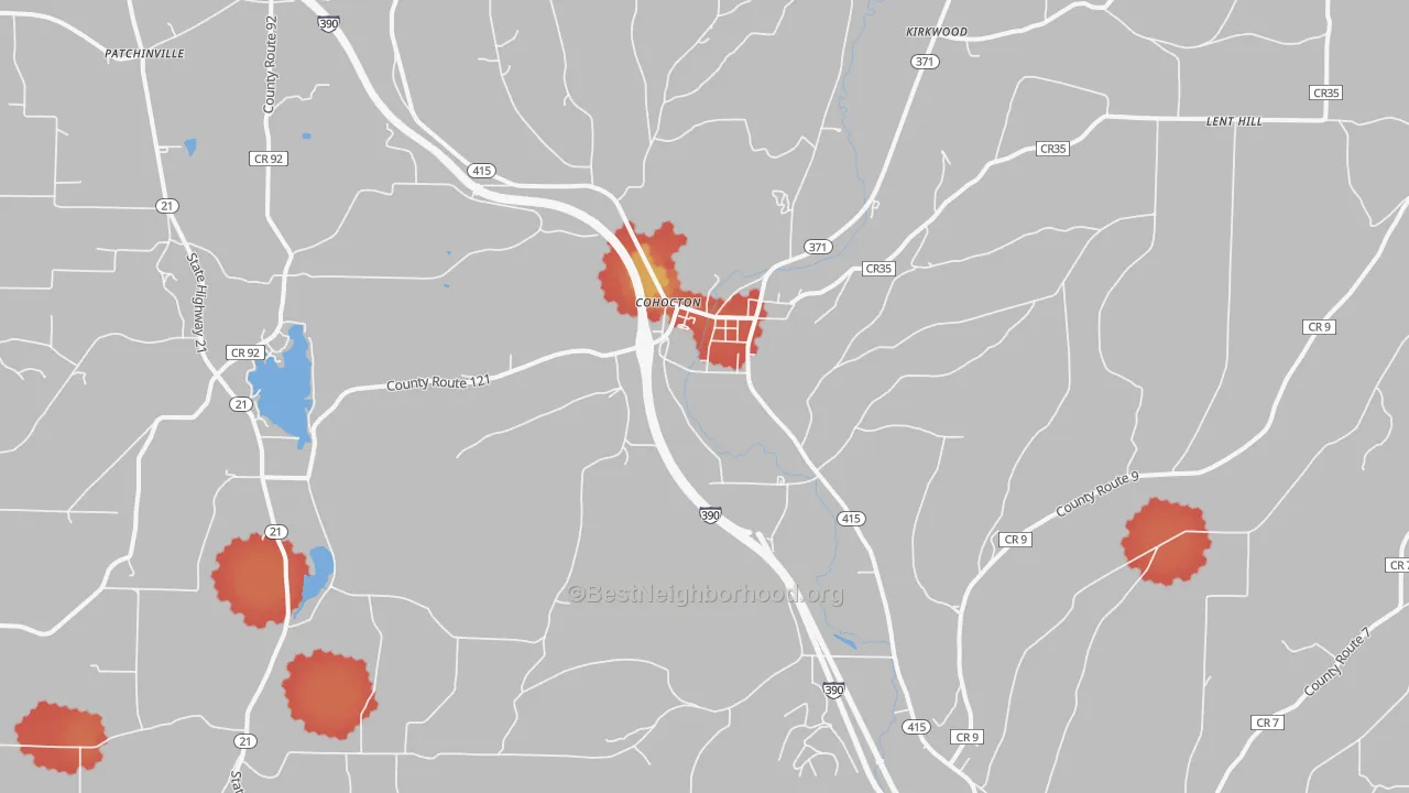Walk Grade map of Cohocton, NY, walkable areas in green and car-dependent areas in red