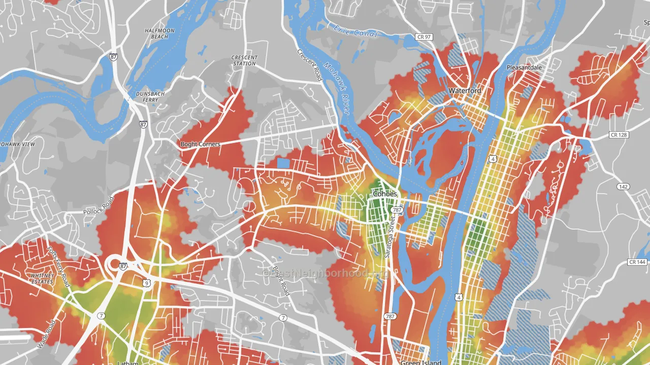 Walk Grade map of Cohoes, NY, walkable areas in green and car-dependent areas in red