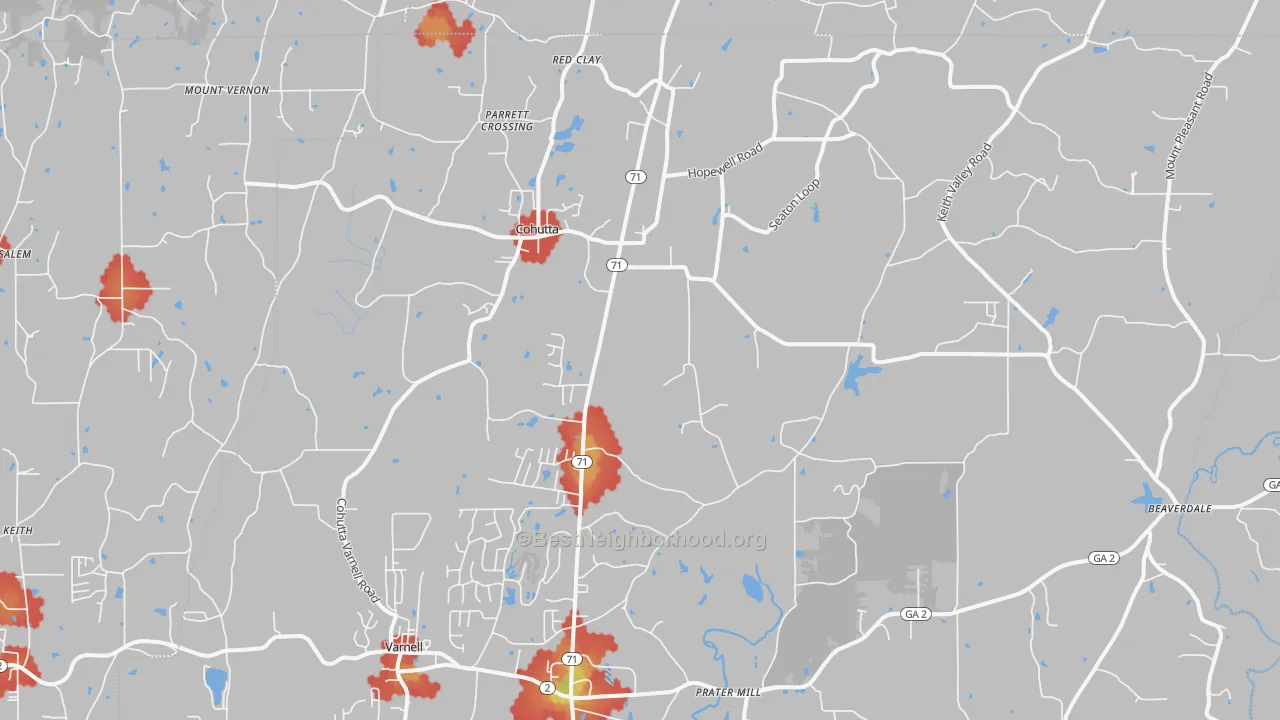 Walk Grade map of Cohutta, GA, walkable areas in green and car-dependent areas in red