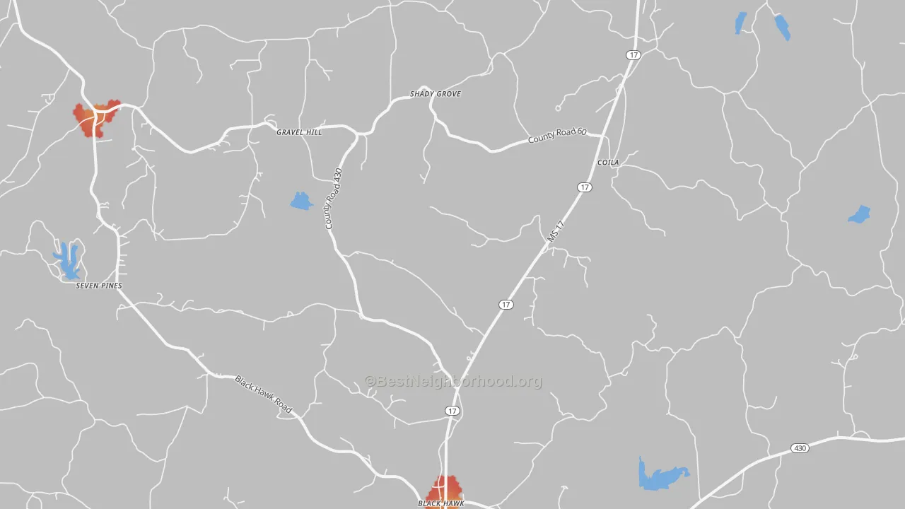 Walk Grade map of Coila, MS, walkable areas in green and car-dependent areas in red