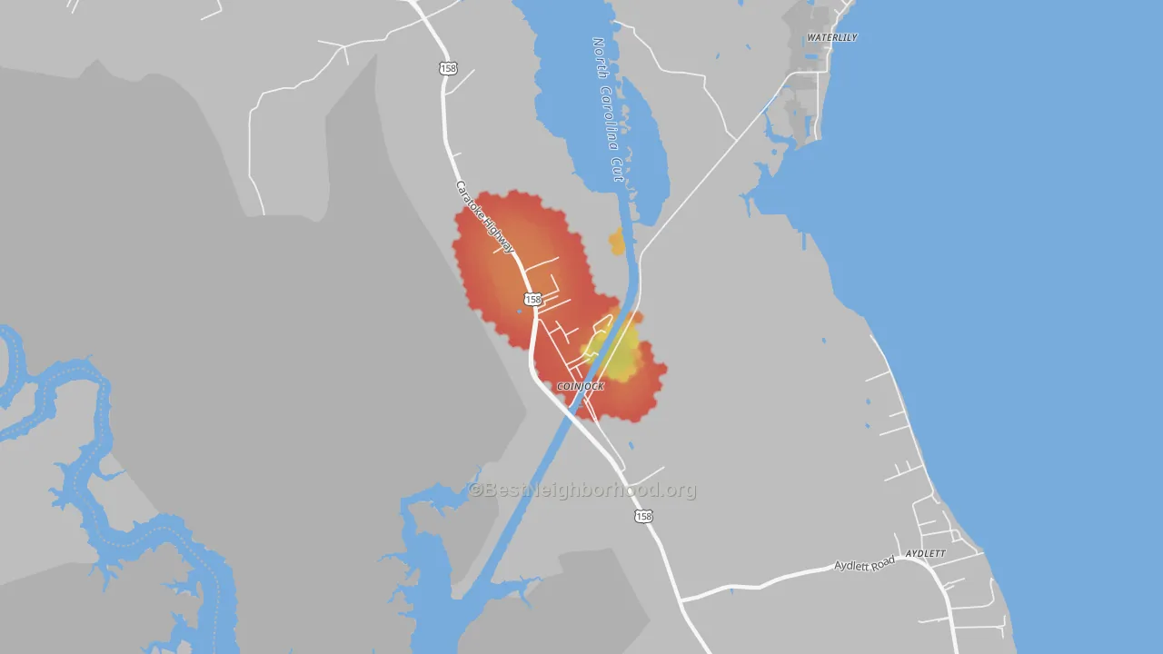 Walk Grade map of Coinjock, NC, walkable areas in green and car-dependent areas in red