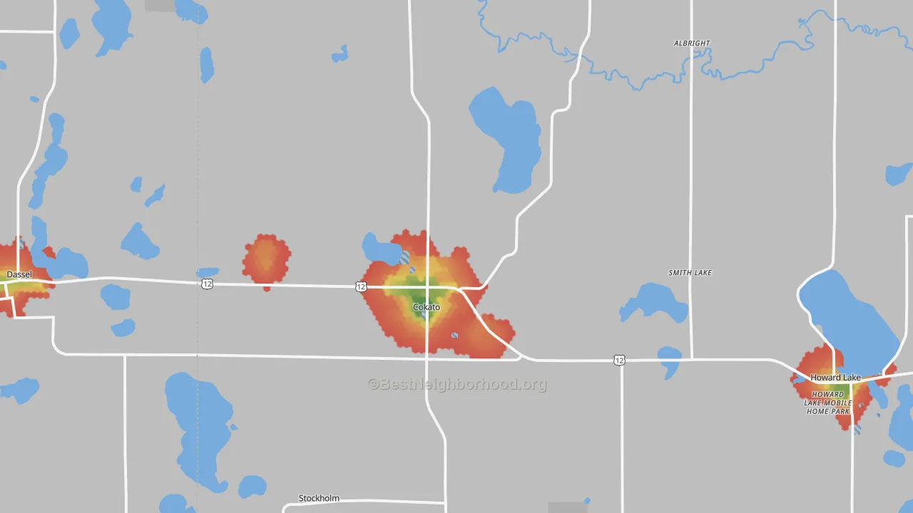 Walk Grade map of Cokato, MN, walkable areas in green and car-dependent areas in red