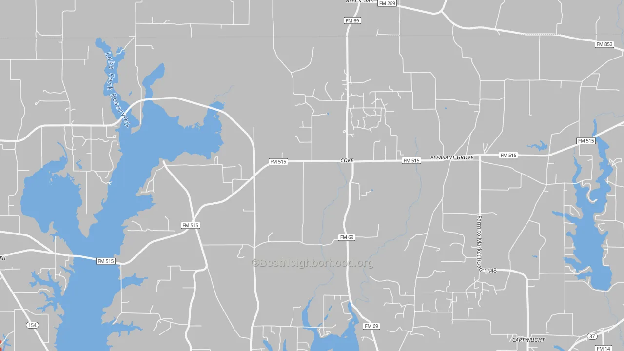 Walk Grade map of Coke, TX, walkable areas in green and car-dependent areas in red