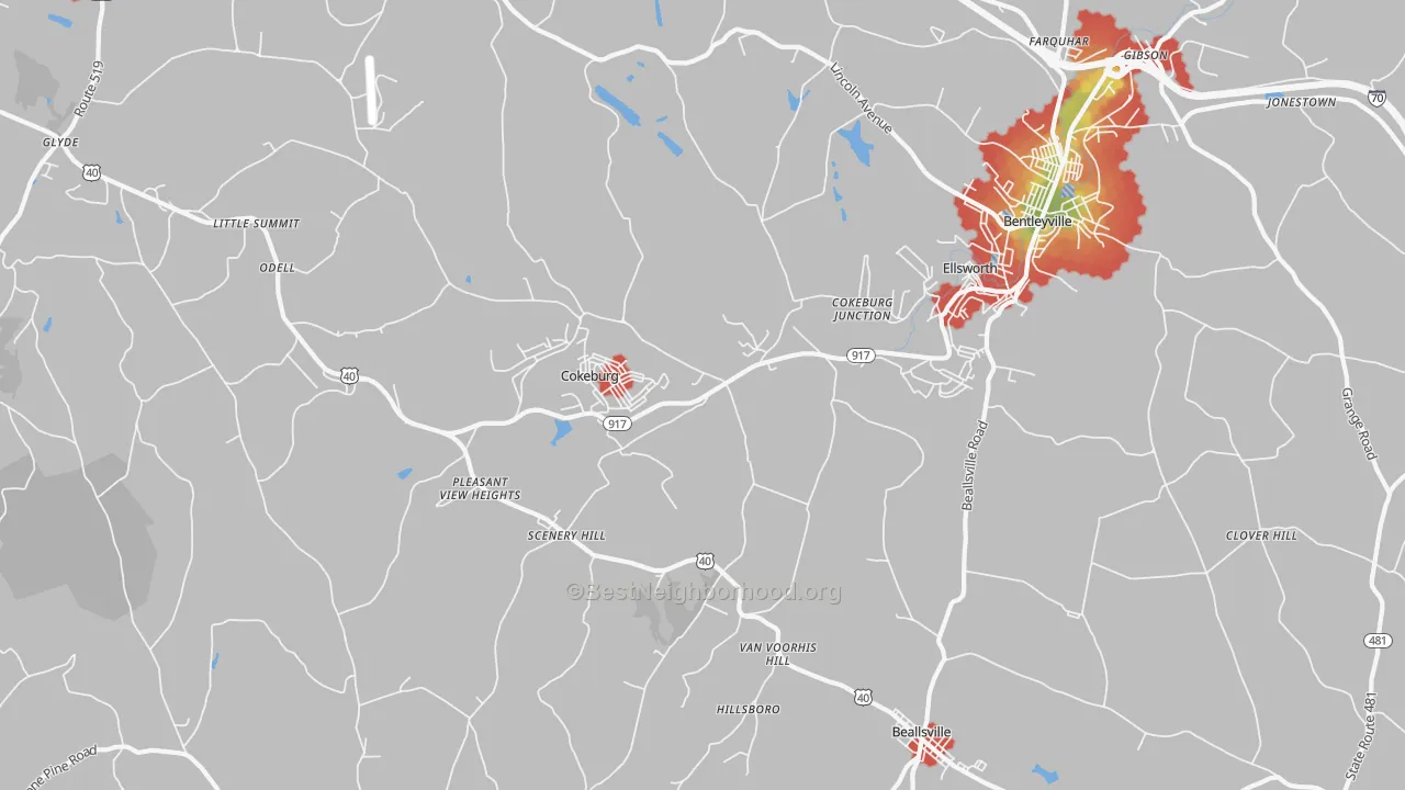Walk Grade map of Cokeburg, PA, walkable areas in green and car-dependent areas in red