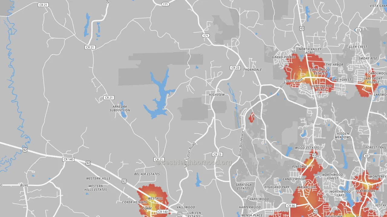 Walk Grade map of Coker, AL, walkable areas in green and car-dependent areas in red