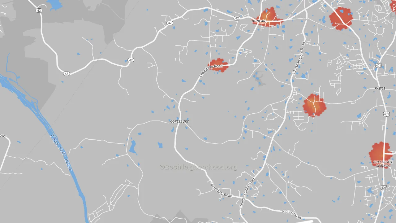 Walk Grade map of Cokesbury, NC, walkable areas in green and car-dependent areas in red