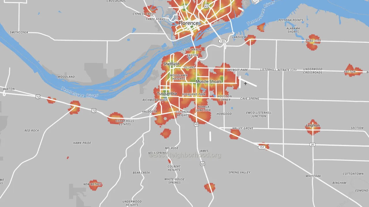 Walk Grade map of Colbert County, AL, walkable areas in green and car-dependent areas in red