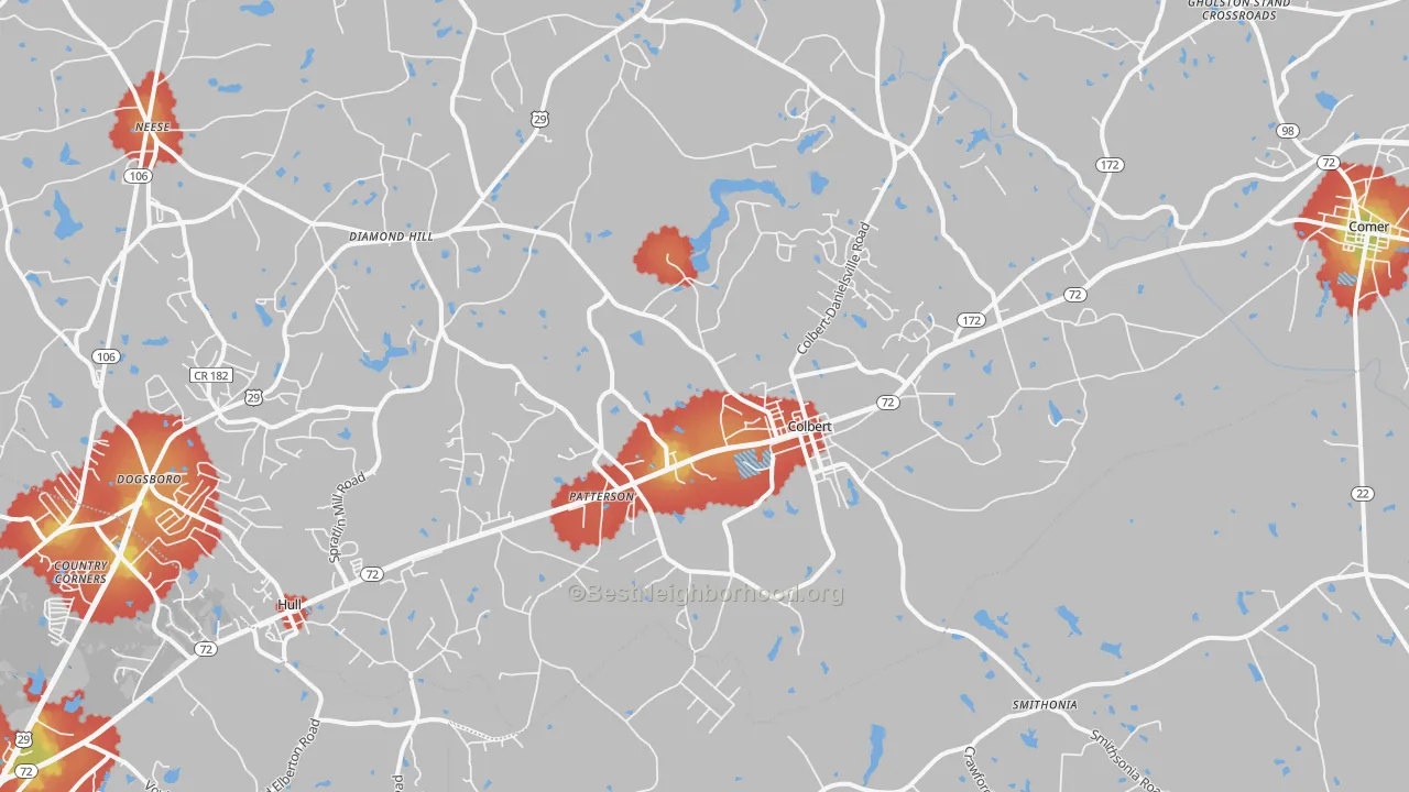 Walk Grade map of Colbert, GA, walkable areas in green and car-dependent areas in red