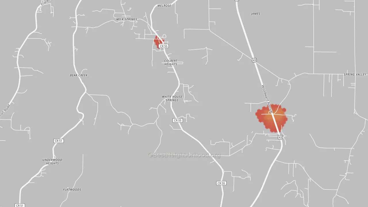 Walk Grade map of Colbert Heights, AL, walkable areas in green and car-dependent areas in red