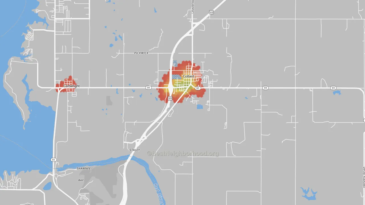 Walk Grade map of Colbert, OK, walkable areas in green and car-dependent areas in red