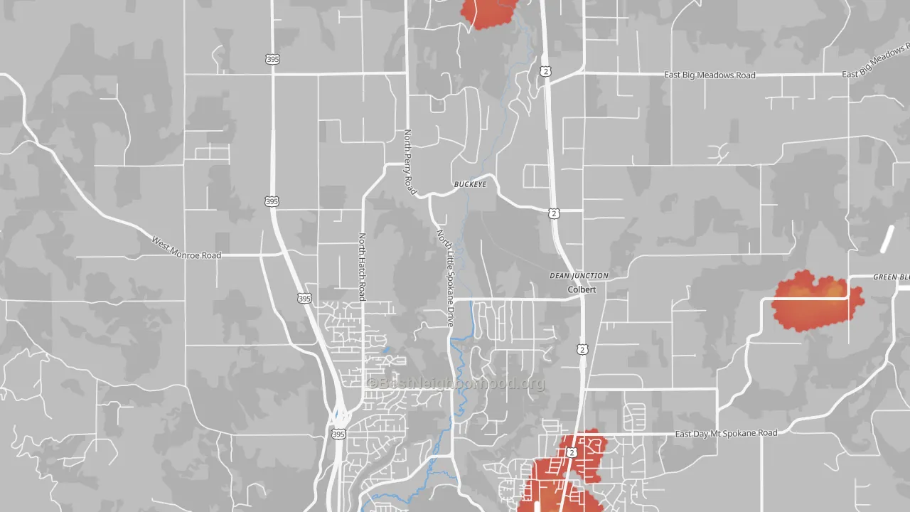 Walk Grade map of Colbert, WA, walkable areas in green and car-dependent areas in red
