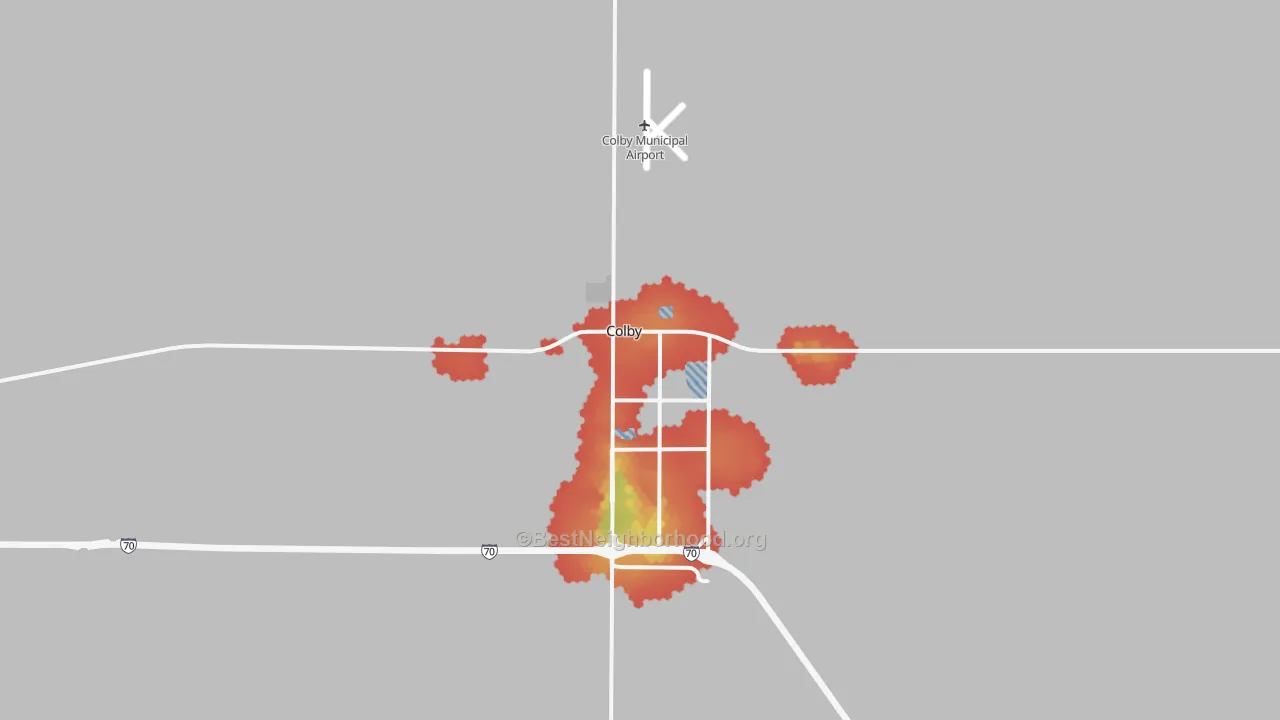 Walk Grade map of Colby, KS, walkable areas in green and car-dependent areas in red