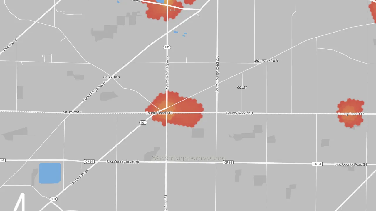 Walk Grade map of Colby, OH, walkable areas in green and car-dependent areas in red