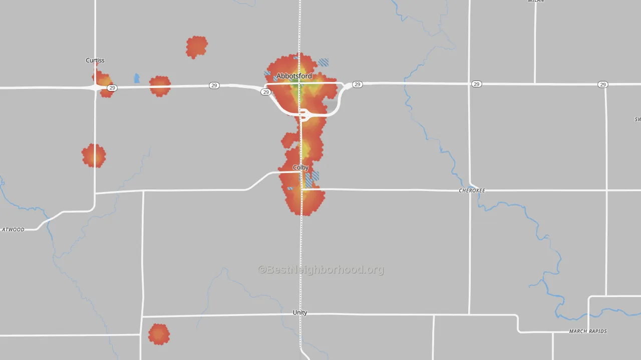Walk Grade map of Colby, WI, walkable areas in green and car-dependent areas in red