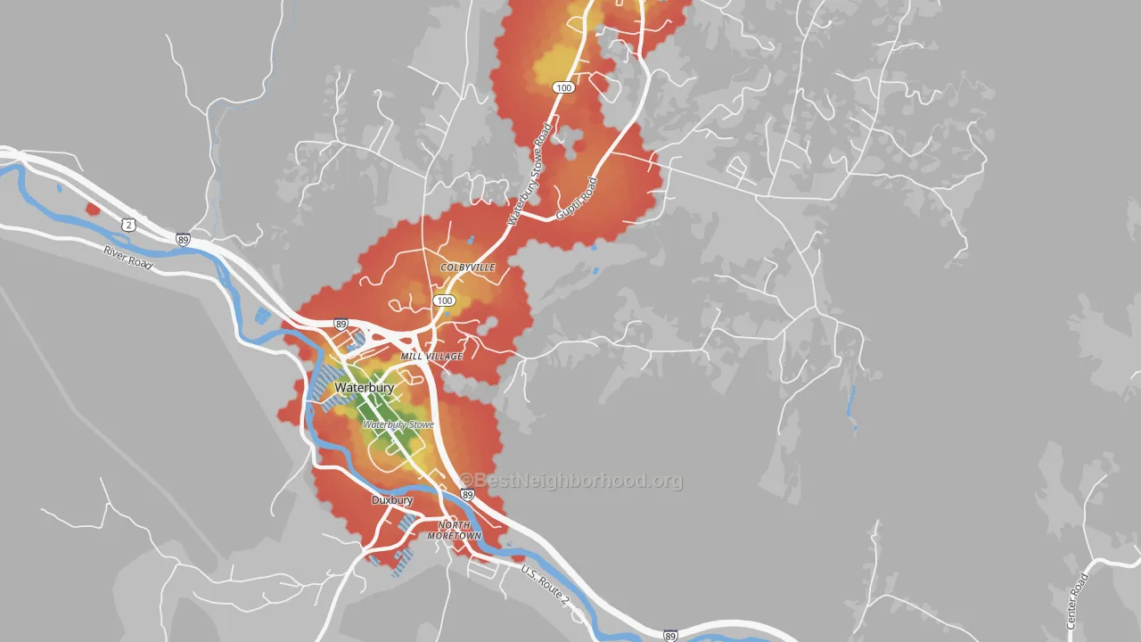 Walk Grade map of Colbyville, VT, walkable areas in green and car-dependent areas in red
