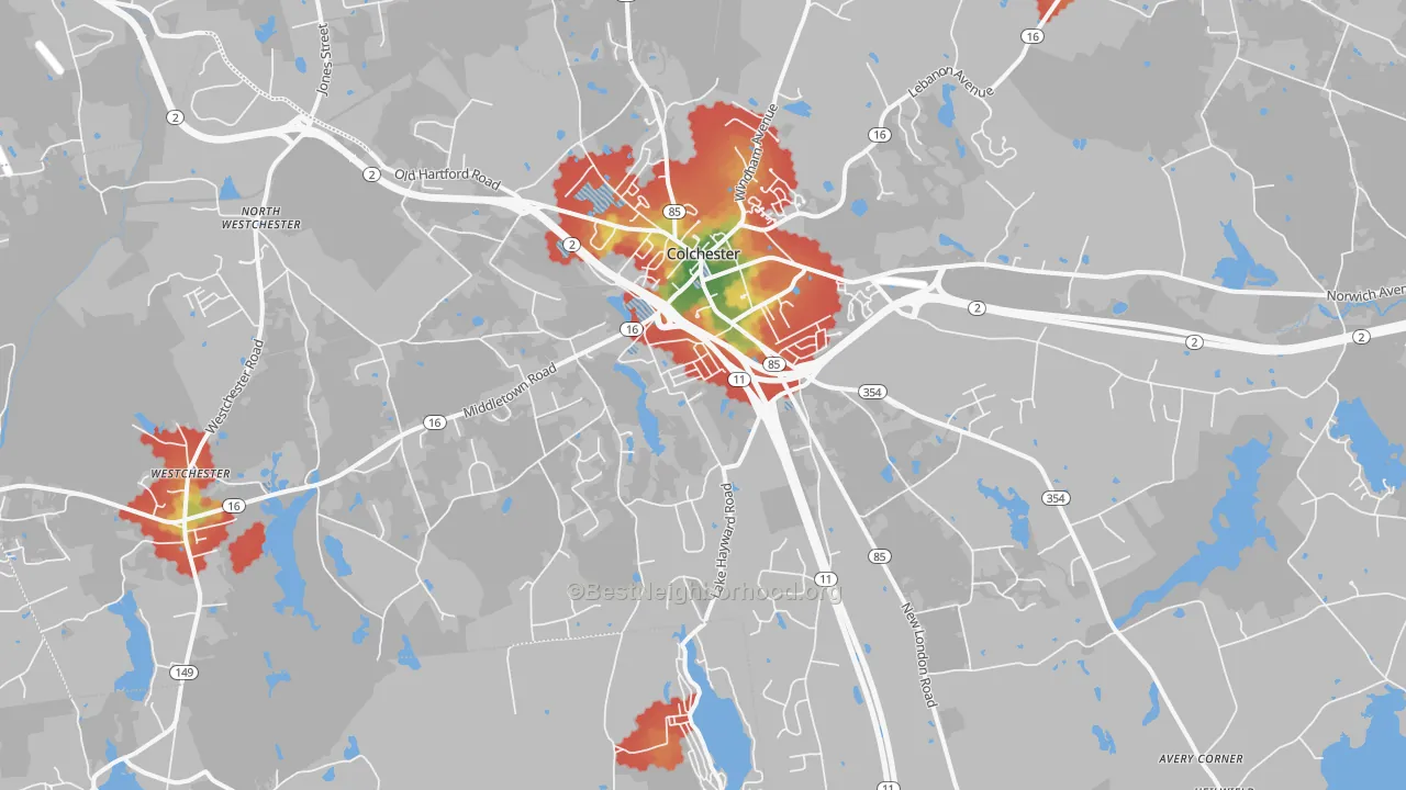 Walk Grade map of Colchester, CT, walkable areas in green and car-dependent areas in red