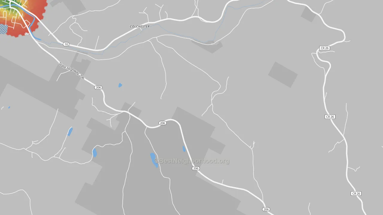 Walk Grade map of Colchester, NY, walkable areas in green and car-dependent areas in red
