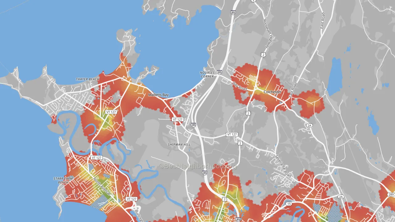 Walk Grade map of Colchester, VT, walkable areas in green and car-dependent areas in red