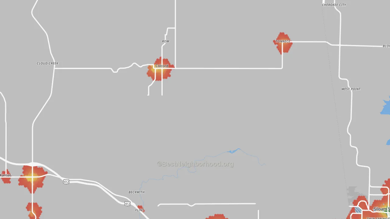 Walk Grade map of Colcord, OK, walkable areas in green and car-dependent areas in red