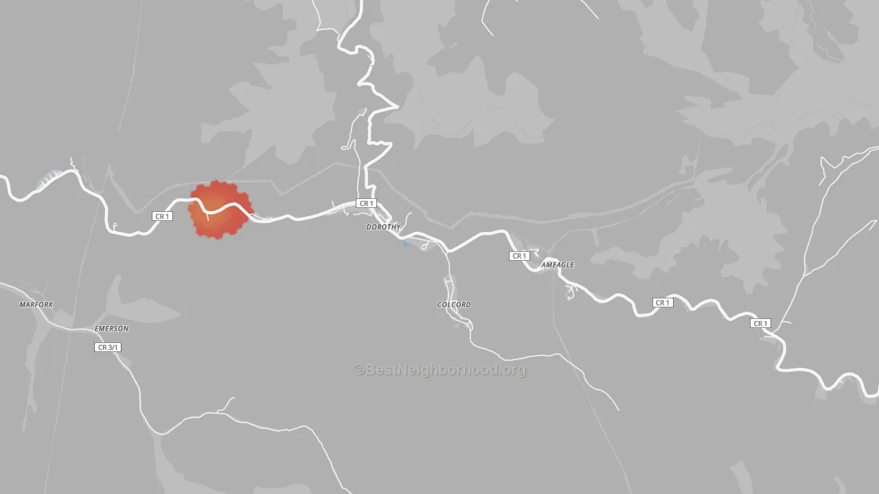 Walk Grade map of Colcord, WV, walkable areas in green and car-dependent areas in red
