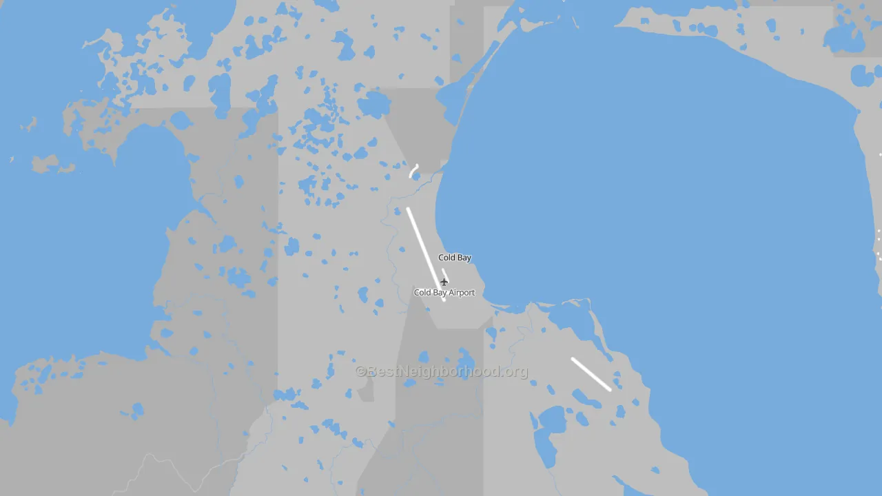 Walk Grade map of Cold Bay, AK, walkable areas in green and car-dependent areas in red