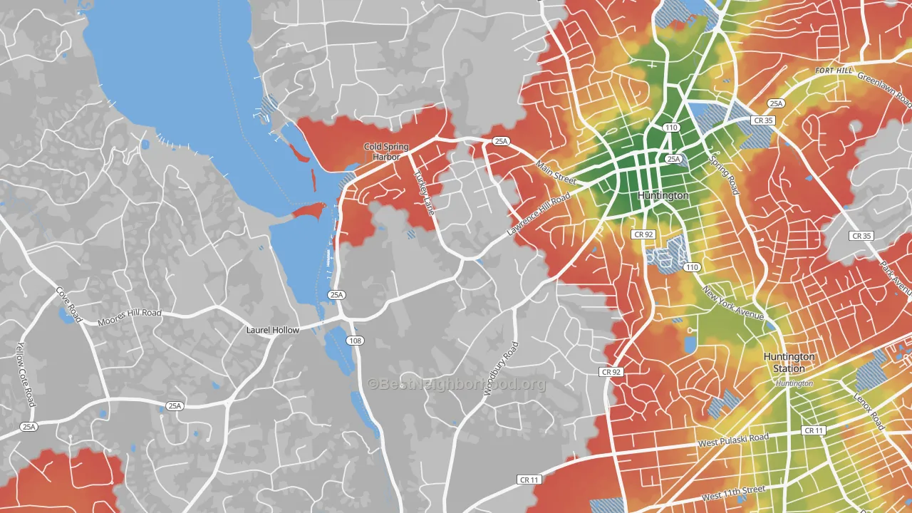 Walk Grade map of Cold Spring Harbor, NY, walkable areas in green and car-dependent areas in red