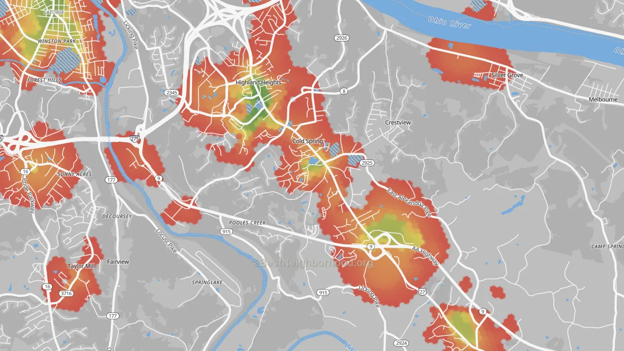 Walk Grade map of Cold Spring, KY, walkable areas in green and car-dependent areas in red