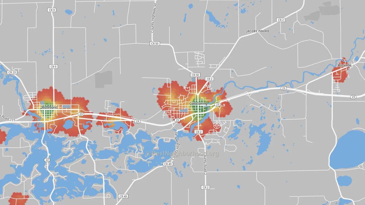 Walk Grade map of Cold Spring, MN, walkable areas in green and car-dependent areas in red