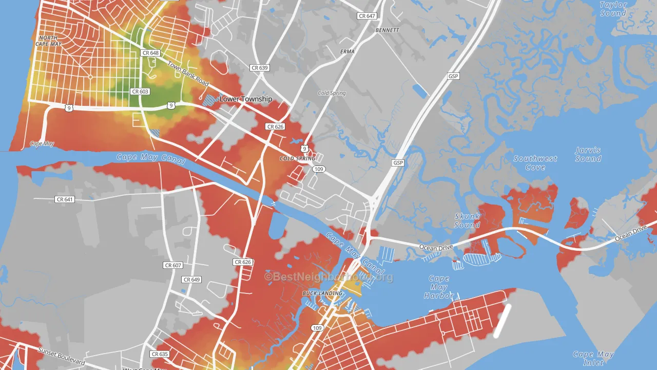 Walk Grade map of Cold Spring, NJ, walkable areas in green and car-dependent areas in red