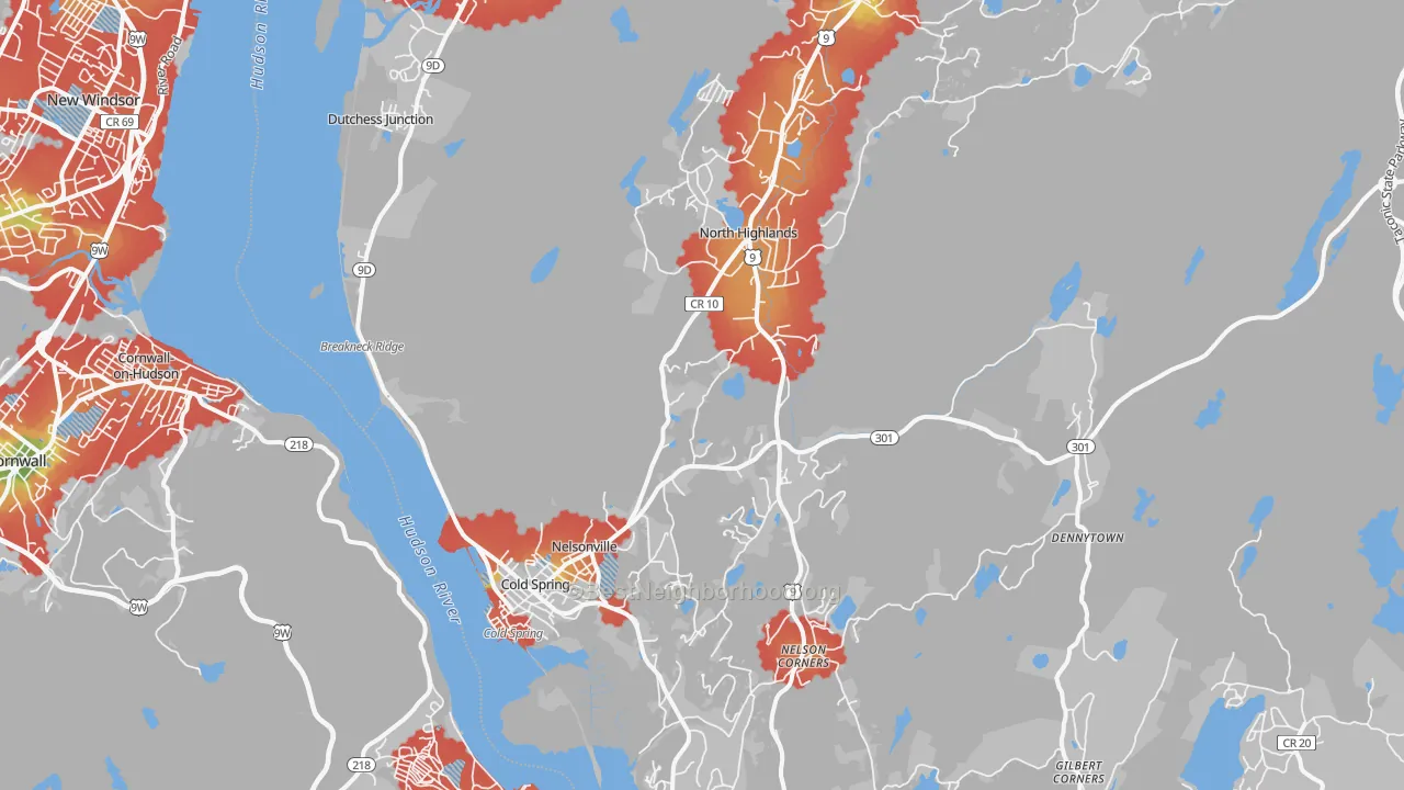 Walk Grade map of Cold Spring, NY, walkable areas in green and car-dependent areas in red